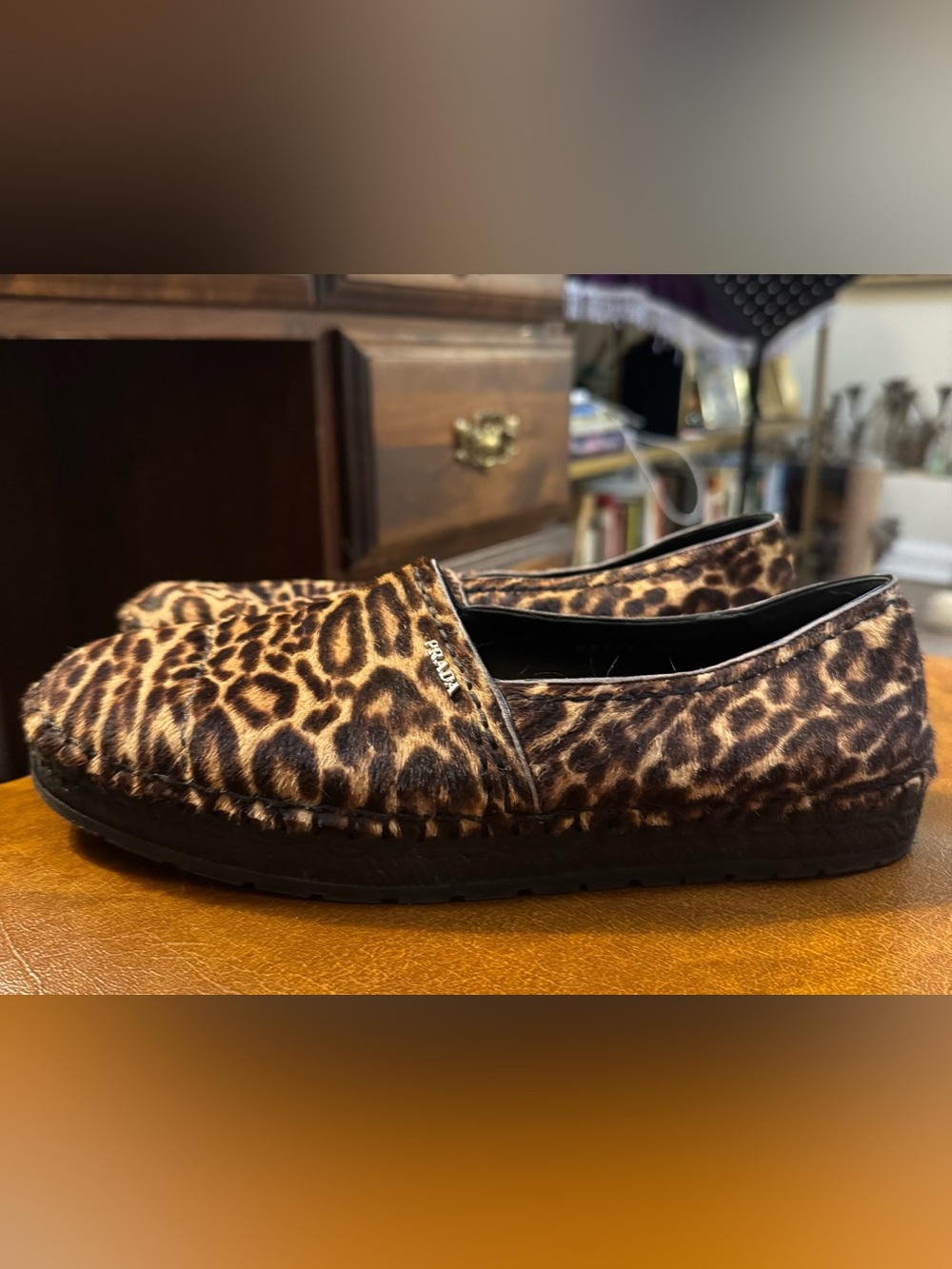 Prada Brown and Black Leopard-Print Slip-Ons